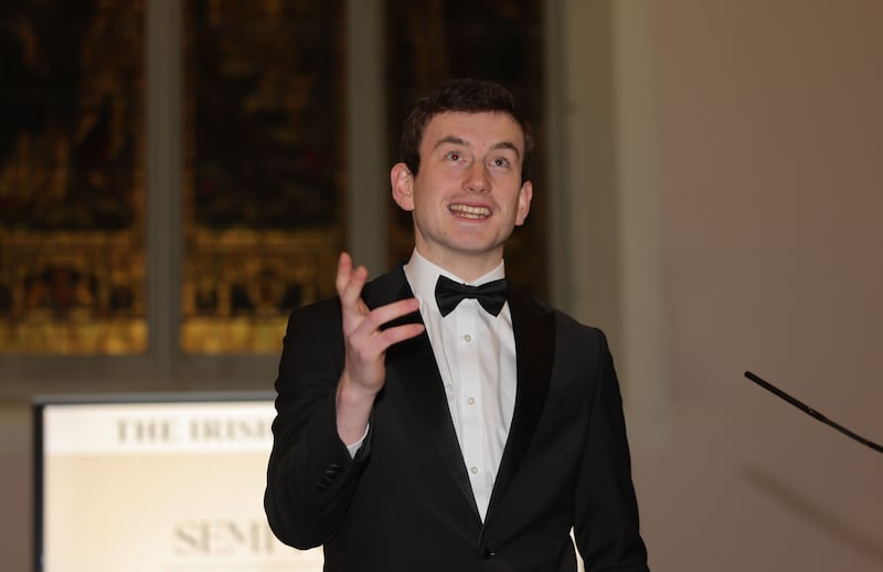 Stéphane de Bairéid from UCD L&H at the Irish Times Debate semi-final at Rathgar Methodist Church. Photograph: Alan Betson 
