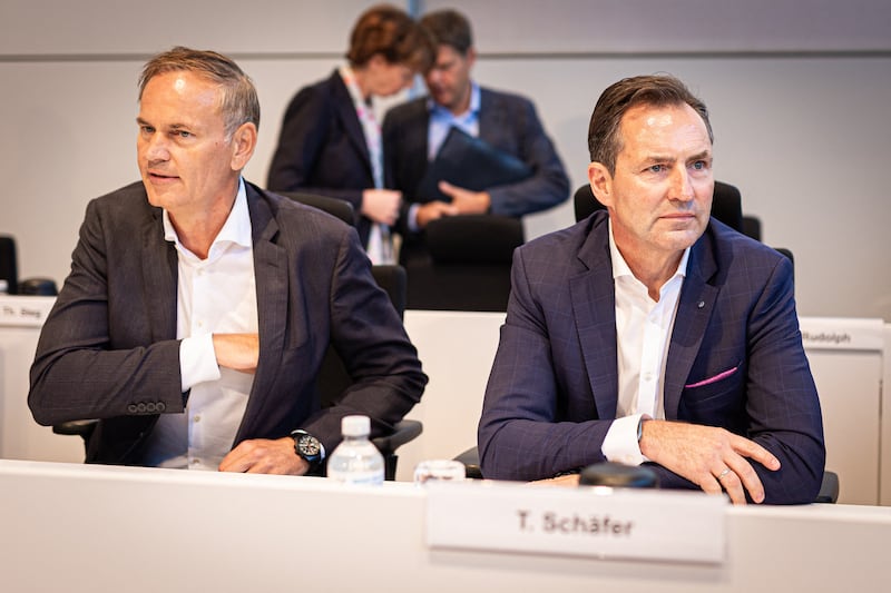 VW and Porsche group chief executive Oliver Blume (left) and Volkswagen brand CEO Thomas Schäfer at a company general meeting in September. Photograph: Moritz Frankenberg/AFP/Getty