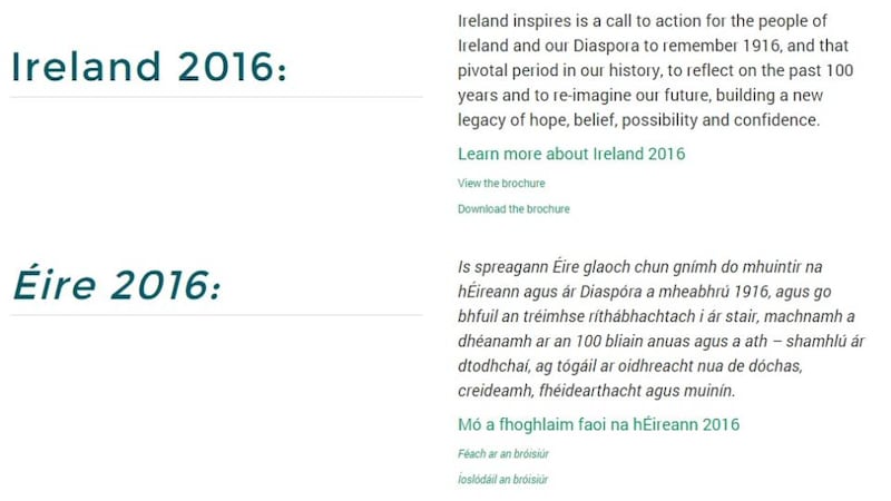 A screenshot taken from the ireland.ie website showing  one of the translations that have been called into question by online commentators.