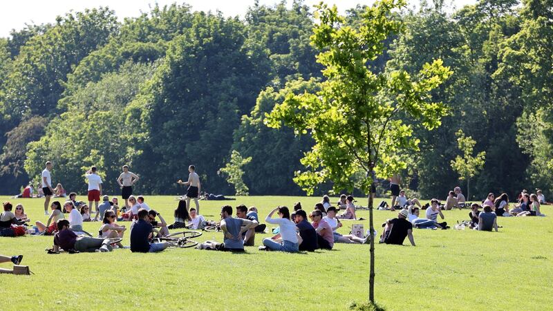 Crowds enjoying Clonskeagh Park along the bank of the River Dodder in Dublin on Sunday. Photograph: Nick Bradshaw