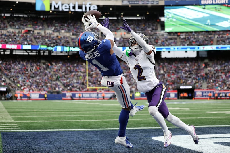 Nate Wiggins of Baltimore Ravens and Malik Nabers of the New York Giants in action at MetLife Stadium in East Rutherford, New Jersey. Photograph: Luke Hales/Getty Images