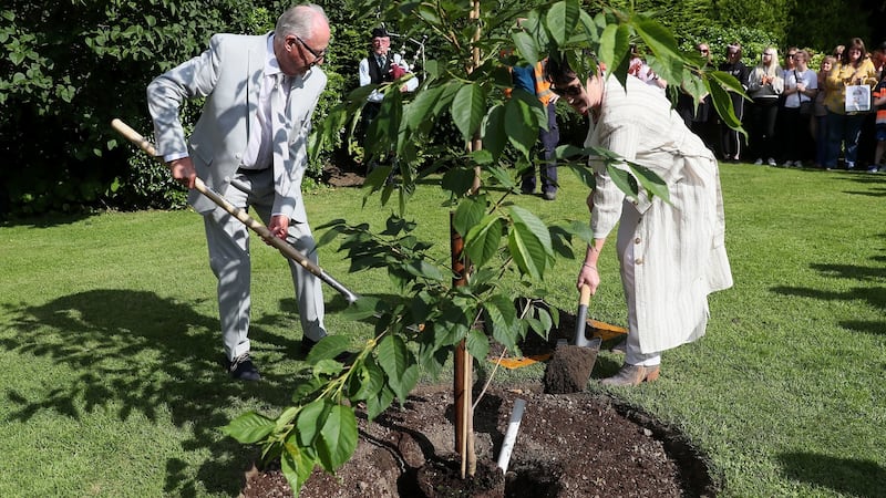 Patric and Geraldine Kriégel, parents of murdered schoolgirl Ana Kriégel, plant a tree in her memory at a ceremony on the grounds of the Leixlip Manor Hotel, Co Kildare. Photograph: Brian Lawless/PA Wire