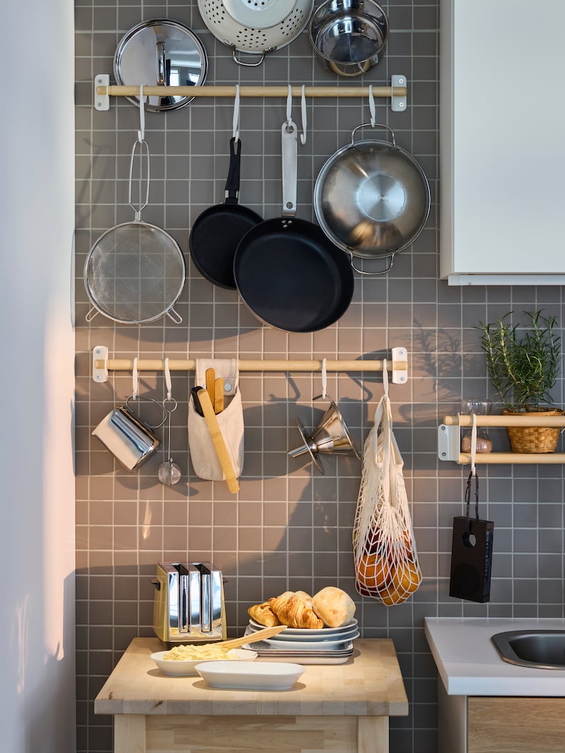 Ikea has several wall-hung solutions for storing kitchen kit, pots and pans