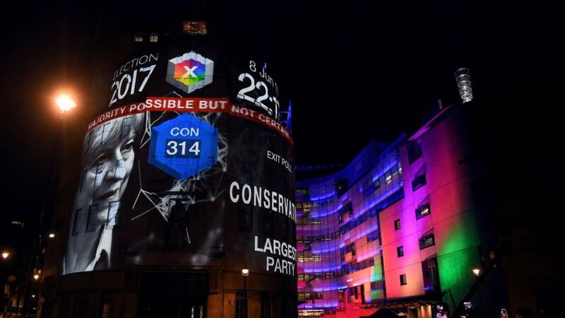 Election upset: the exit poll commissioned by the BBC, ITN and Sky – projected on Broadcasting House in London – predicted a hung parliament as soon as polls closed on Thursday night. Photograph: Paul Ellis/AFP/Getty