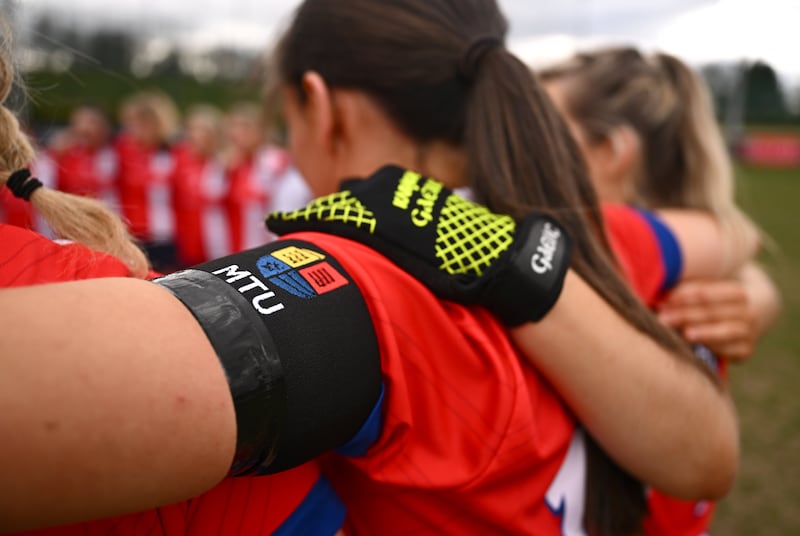 MTU Cork players wear a black armband on Saturday in memory of student Darragh McCarthy. Photograph: Ben McShane/Sportsfile