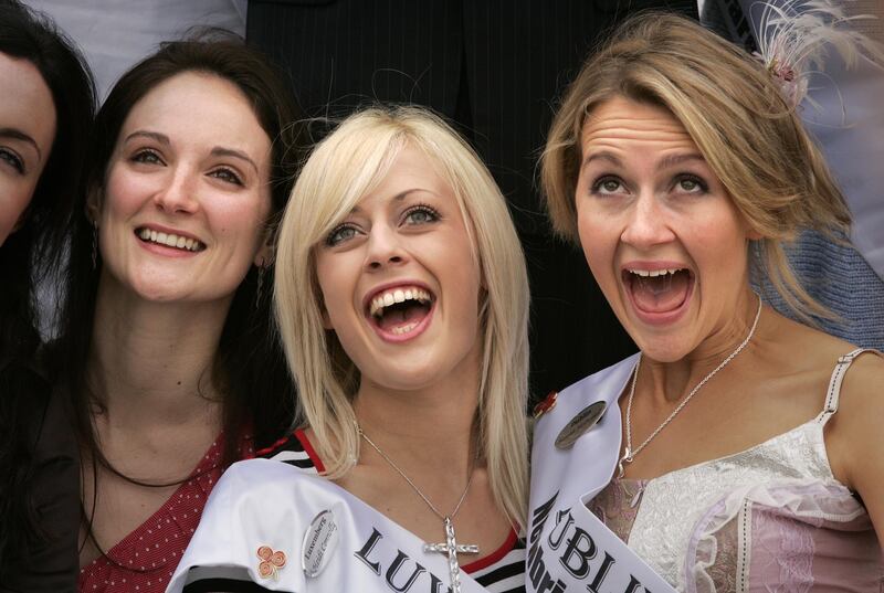 Lee McClenaghan (representing South Australia), Heidi Connolly, (Luxembourg) and Hannah McDonnell (now Daly), competing in the Rose of Tralee in 2008. Photograph: Dara Mac Dónaill