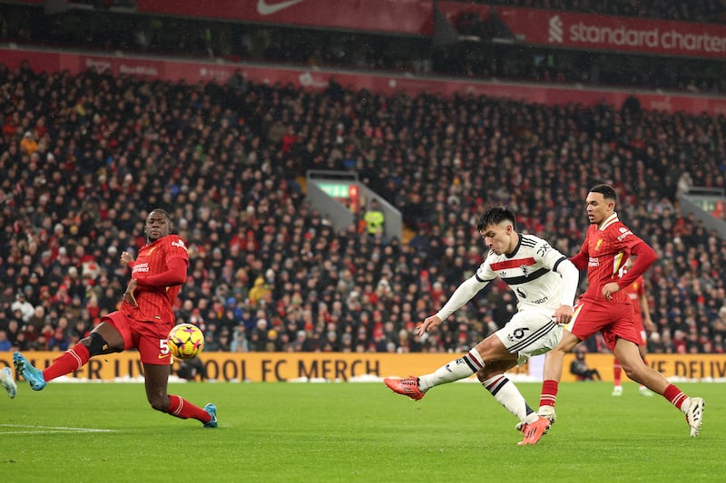 Manchester United's Lisandro Martinez scores his side's first goal. Photograph: Carl Recine/Getty Images