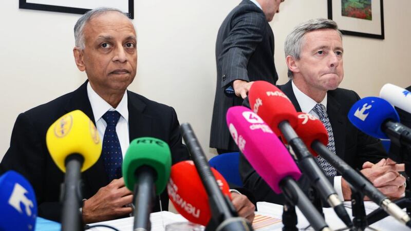 Prof Sabaratnam Arulkatumaran (left), with  Dr Philip Crowley, national director for quality and patient safety, at the publication of the Health Service Executive (HSE) clinical review report into the death of Savita Halappanavar yesterday.  Photograph: Eric Luke/The Irish Times