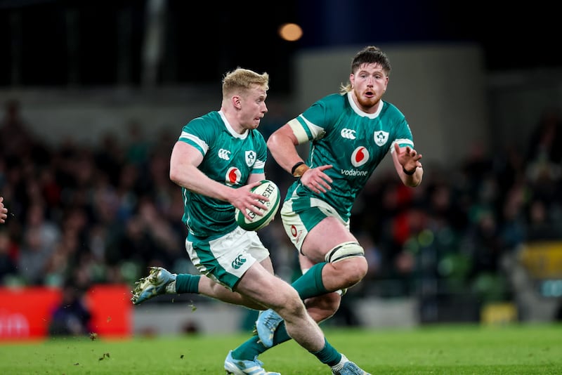 Jamie Osborne and Joe McCarthy during Ireland's Autumn Nations Series game against Argentina. Photograph: Billy Stickland/Inpjo