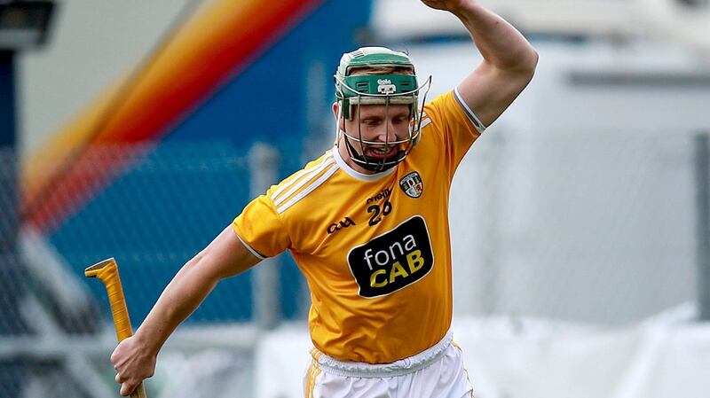 Antrim’s Shea Shannon celebrates scoring a goal during the Allianz Hurling League Division 1 Group B game against Wexford at  Corrigan Park in  Belfast. Photograph: Tommy Dickson/Inpho