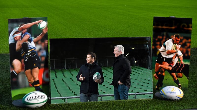 Paul Wallace and Victor Costello at the Aviva Stadium: Leinster are re-assembling the squad from the first European Cup in 1995-96 for Saturday week’s  meeting with Toulon. Photograph: Stephen McCarthy/Sportsfile