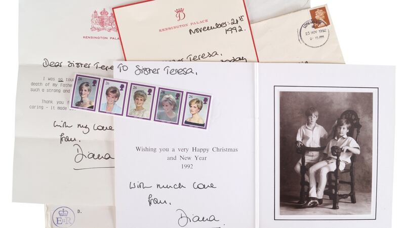 A collage of correspondence received by Sr Teresa from Princess Diana in 1992. The correspondence is in Sheppard’s auction on March 1st, with a top estimate of €1,200