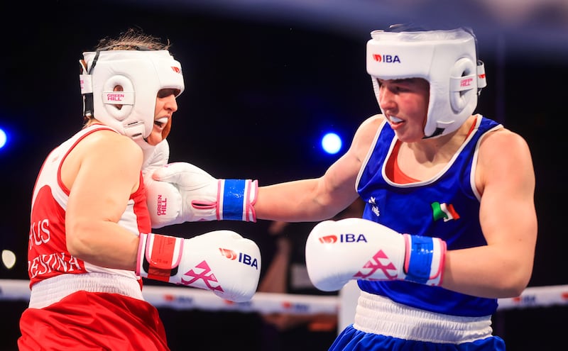 Lisa O’Rourke of Ireland (right) in action against Russia's Elena Grapeshina in the light-middleweight final at the IBA Women's World Boxing Championships in Nis, Serbia. Photograph: Aleksandar Djorovic/Inpho