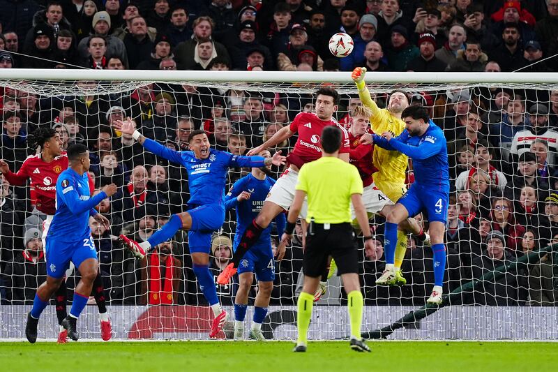 Rangers goalkeeper Jack Butland scores an own goal. Photograph: Mike Egerton/PA