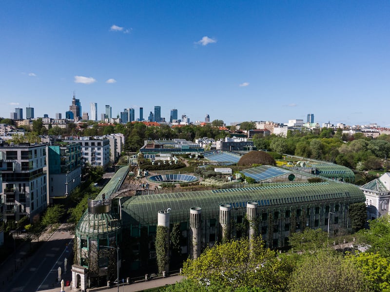 An aerial view of the rooftop Warsaw University library garden with the Polish capital's skyline in the background. Photograph: Omar Marques/Anadolu via Getty Images