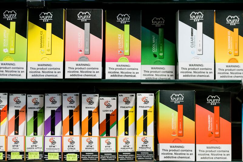 An array of disposable e-cigarettes with a huge variety of flavours, which many experts believe are key to attracting young users. Photograph: Gabriela Bhaskar/The New York Times