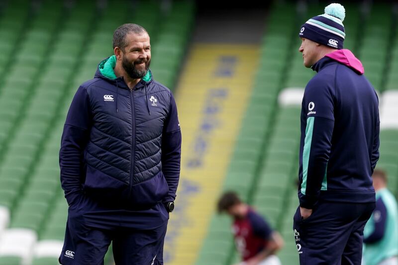 Ireland head coach Andy Farrell and forwards coach Paul O'Connell during the Captain's Run training session at the Aviva Stadium. Photograph: PA