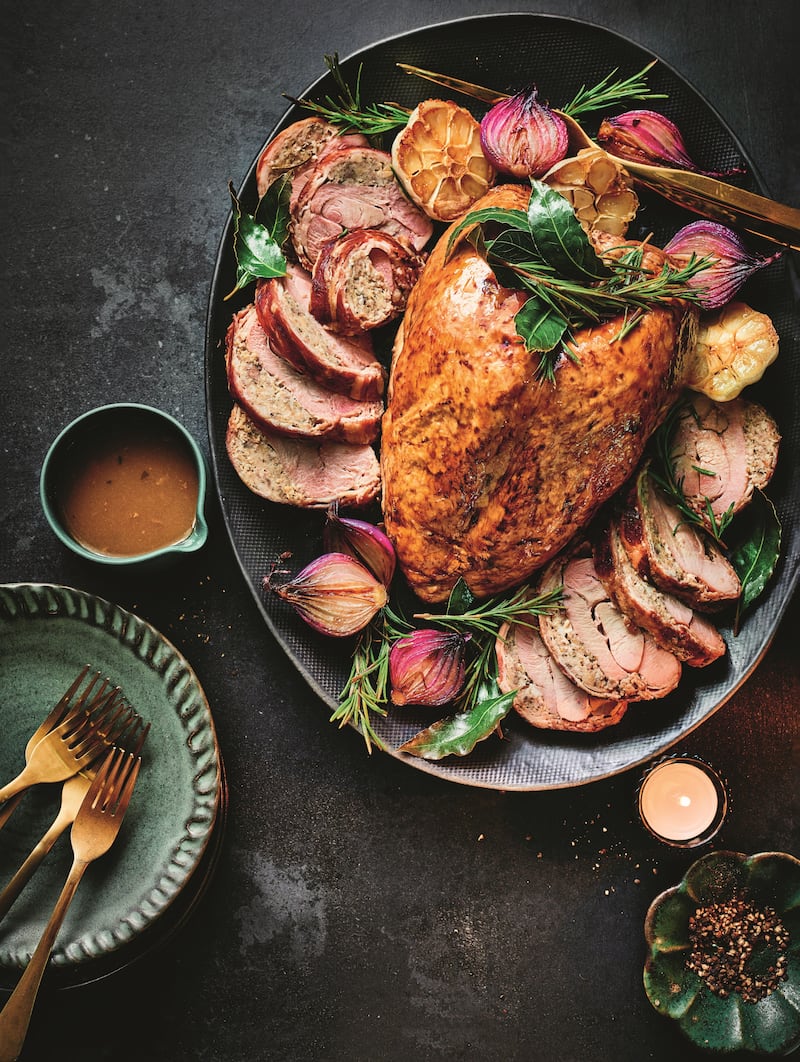 M&S: This foolproof, expertly slow-cooked free-range turkey crown is brined with buttermilk for tenderness and sweetness. The thighs are topped with a rich chestnut and pork stuffing and covered in a signature dry-cured oak and applewood smoked bacon. Served with Ultimate Meat Gravy. (Serves 8-10)