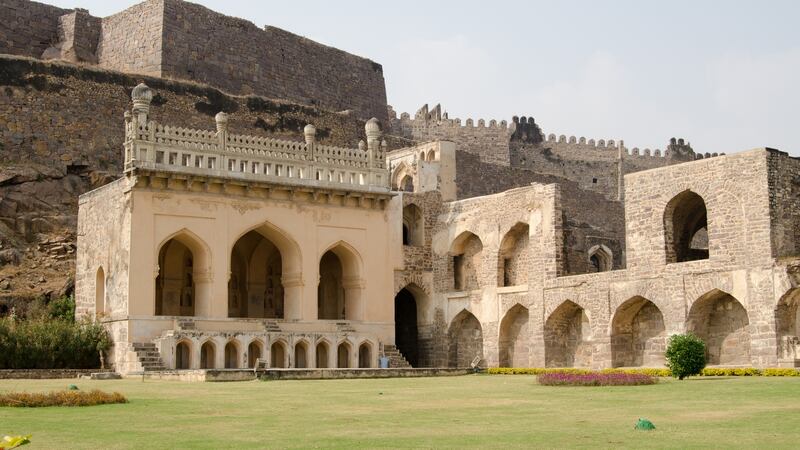 Ruins and gardens of the medieval Mogul Empire Golkonda Fort in Hyderabad, India.