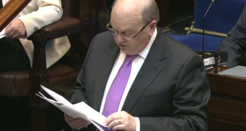 Minister for Finance Michael Noonan has said in his budget address that the State’s deficit will fall to 3.7 per cent of GDP at the end of this year. Photograph: Oireachtas screengrab.