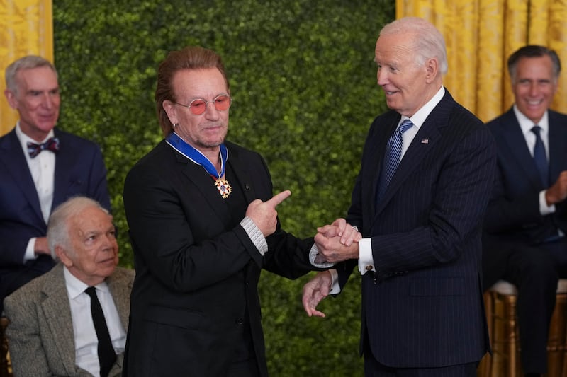 Bono receives the Presidential Medal of Freedom from US president Joe Biden  at the White House in Washington DC last weekend. Photograph: Chris Kleponis/AFP/Getty 