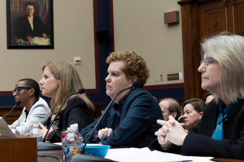 Witnesses at a US House of Representatives committee hearing on anti-Semitism in education last Tuesday. From left: Dr Claudine Gay, president of Harvard; Liz Magill, president of the University of Pennsylvania; Pamela S Nadell, a professor of Jewish Studies at American University; and Dr Sally Kornbluth, president of the Massachusetts Institute of Technology. Photograph: Tom Brenner/New York Times
                      