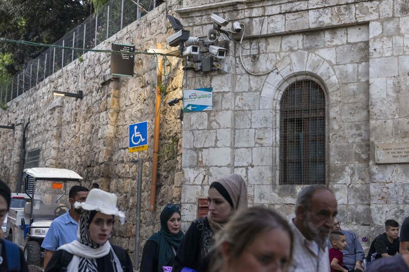 Security surveillance cameras in Jerusalem's Old City in September  2023. The Israeli government in September endorsed a Bill to allow the police to place facial recognition cameras in public spaces. Photograph: Menahem Kahana/AFP/Getty 