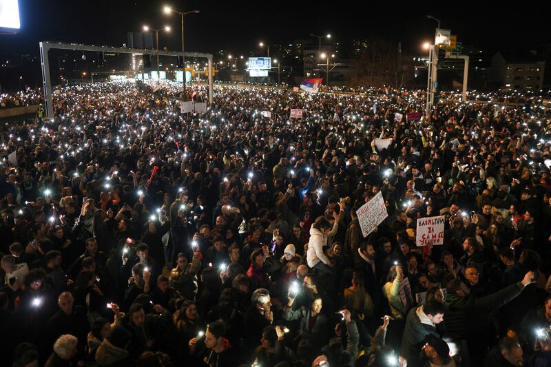 A protest in Belgrade on January 27th over a fatal collapse of the Novi Sad train station roof in November 2024. Photograph: Oliver Bunic/AFP via Getty Images