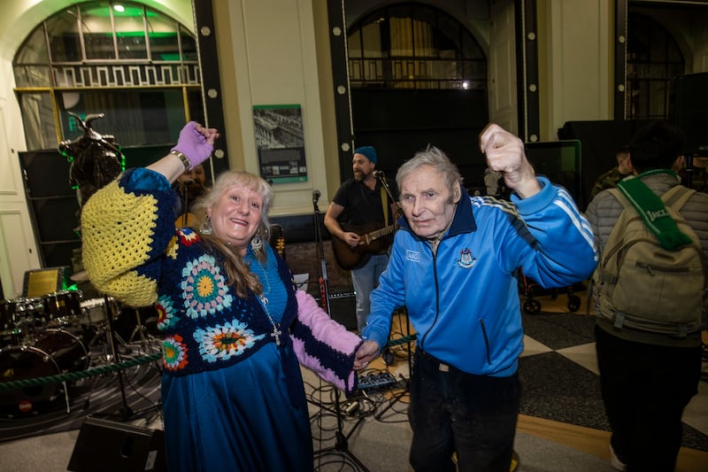 Magdalene O’Sullivan and Tom Mooney dancing at the Dublin Lions Club homeless dinner at the GPO on Friday. Photograph: Tom Honan