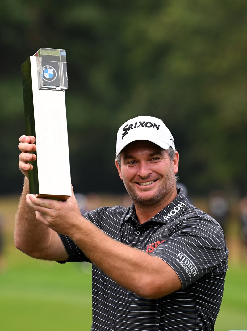 Ryan Fox of New Zealand following victory on day four of the BMW PGA Championship at Wentworth Golf Club in Virginia Water, England. Photograph: Ross Kinnaird/Getty Images