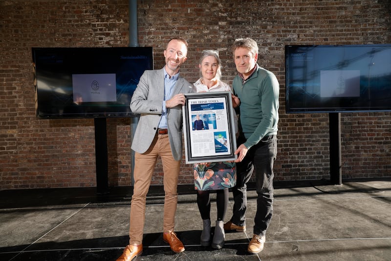 Eoin McDonnell of Skillnet with Fiona Kelleher and Kieran Coffey of MyGug,  winner of the sustainability category at The Irish Times Innovation Awards 2023. Photo: Conor McCabe