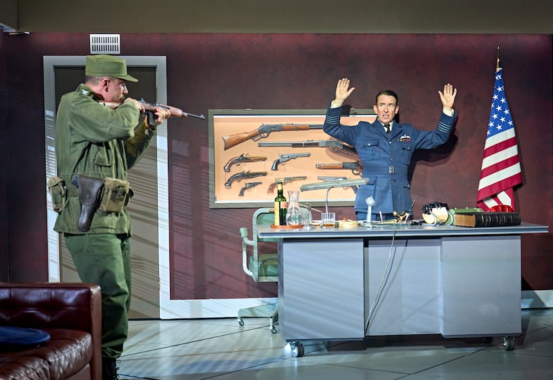 Steve Coogan (right) as Captain Mandrake, one of four parts he plays in Dr Strangelove, adapted by Sean Foley and Armando Iannucci, at the Bord Gáis Energy Theatre. Photograph: Manuel Harlan