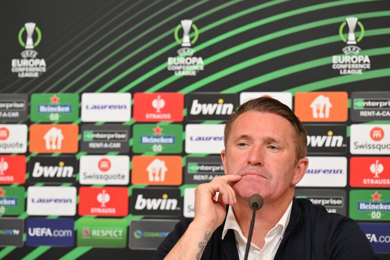 Robbie Keane at a press conference after the UEFA Europa Conference League 2023/24 round of 16 first leg match between Maccabi Tel Aviv and Olympiacos FC in Piraeus on March 7. Photograph: Sebastian Widmann/UEFA/Getty