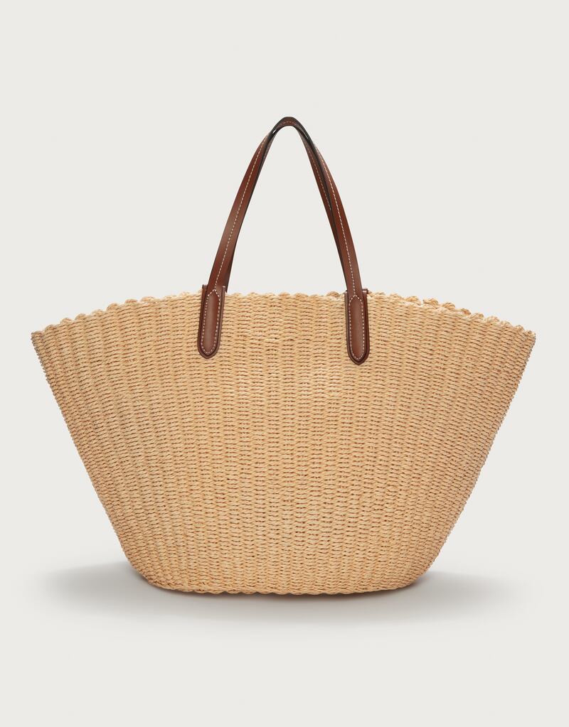 Leather trim straw basket tote bag, €128, The White Company