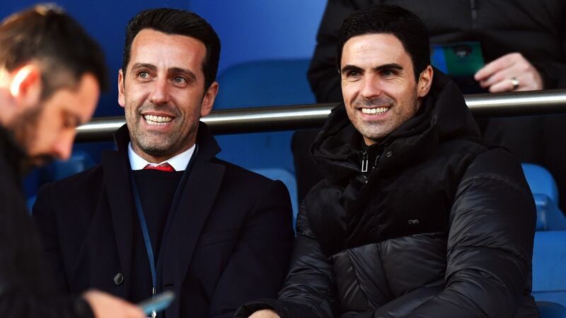 New Arsenal manager Mikel Arteta and technical director Edu in the stands at Goodison Park. Photograph: PA