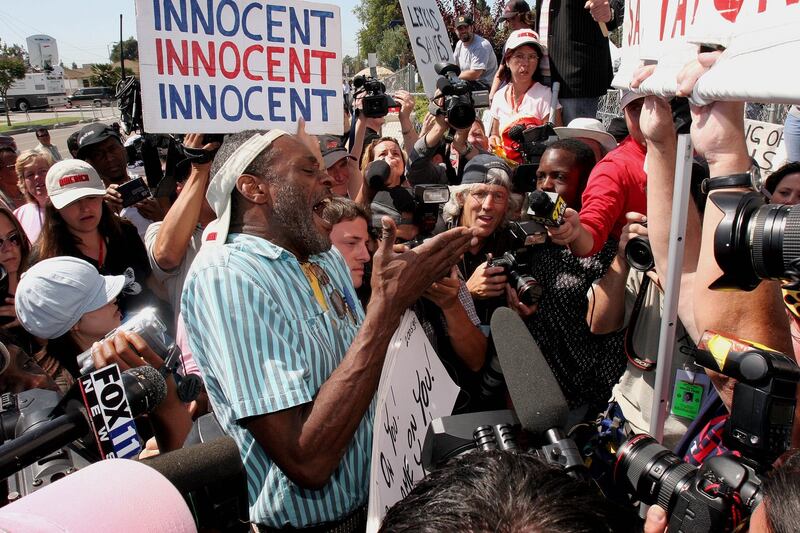 Michael Jackson: fans talk to the media during the late singer’s child-molestation trial in 2005. Jackson was acquitted of all charges. Photograph: Monica Almeida/New York Times