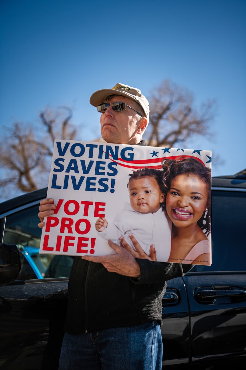 An anti-abortion demonstrator at a rally outside courthouse in Amarillo, Texas,. Photograph: Meridith Kohut/The New York Times
                      