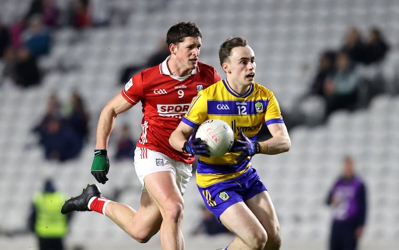 Cork's Colm O’Callaghan and Roscommon's Conor Hand at Páirc Uí Chaoimh on March 1st. Photograph: Bryan Keane/Inpho