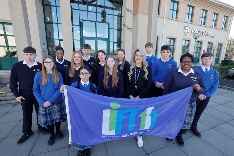 Students at Confey College, Leixlip, who have taken part in the Lift programme wth Joanne Logan, guidance counsellor. Photograph: Alan Betson