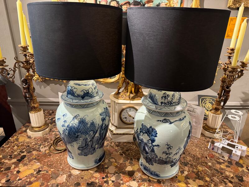 Pair of decorative Chinese temple jars made into lamps, €3,500, O’Sullivan Antiques