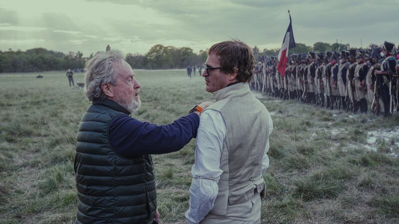 Napoleon: Ridley Scott with Joaquin Phoenix during the filming of Napoleon