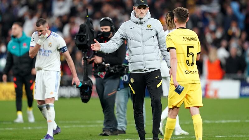 Chelsea manager Thomas Tuchel  greets Jorginho  following the Champions League quarter-final, second leg against Real Madrid. Photograph:   Nick Potts/PA Wire