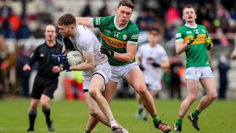 David Clifford gets to grips with James Murray during Kerry’s draw at Kildare. Photograph: Ryan Byrne/Inpho