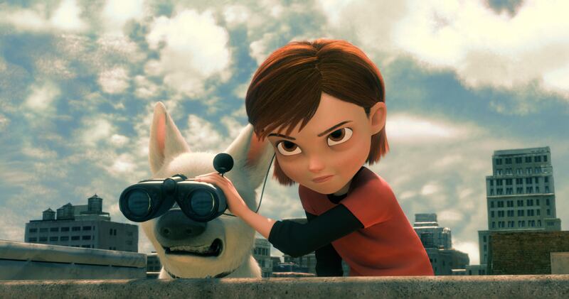 Bolt (voiced by John Travolta) and Penny (Miley Cyrus)