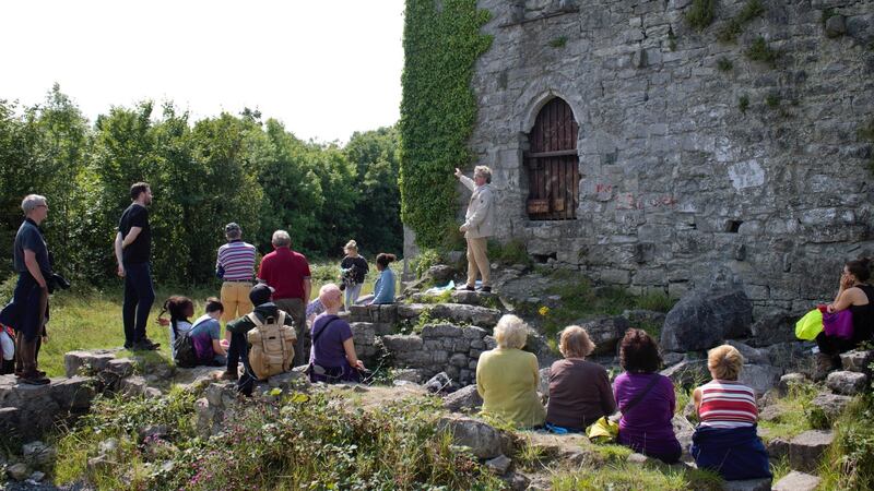 Galway City heritage officer Jim Higgins leading a history walk at the castle in Merlin Woods. Photograph:  Colin Stanley