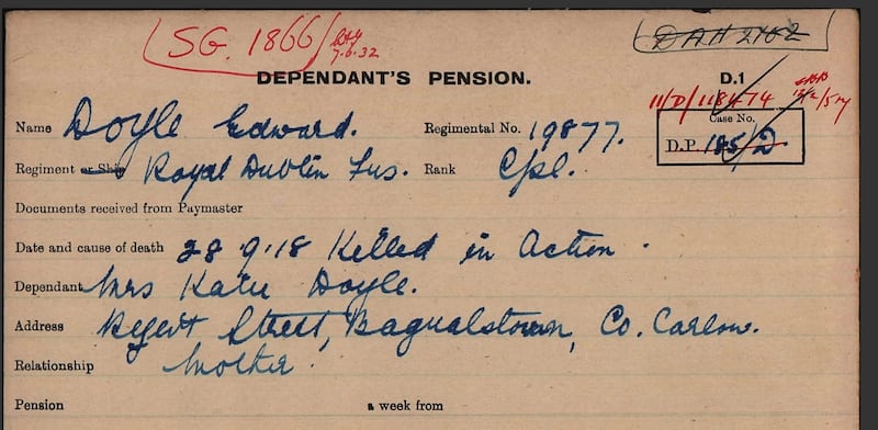 The dependent's pension card for Cpl Edward Doyle shows that his mother was his dependent.