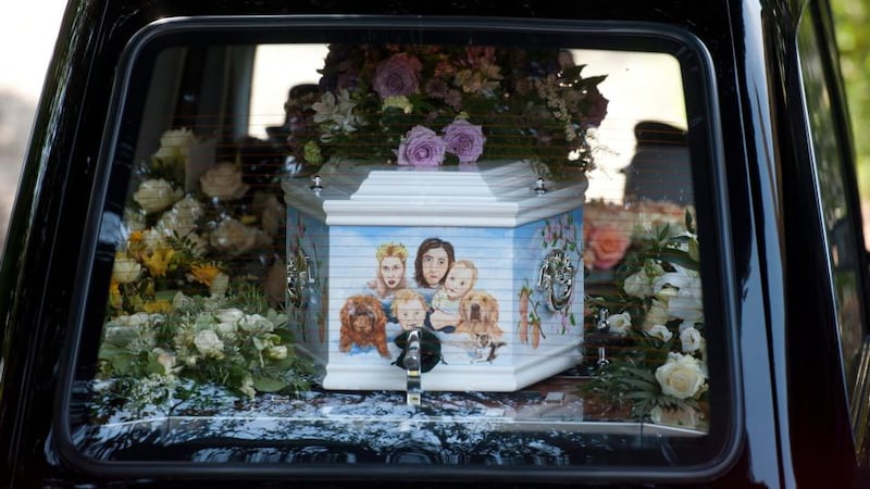 A file image from April showing the casket carrying the body of British celebrity Peaches Geldof arriving  for the funeral ceremony. Photograph: PA