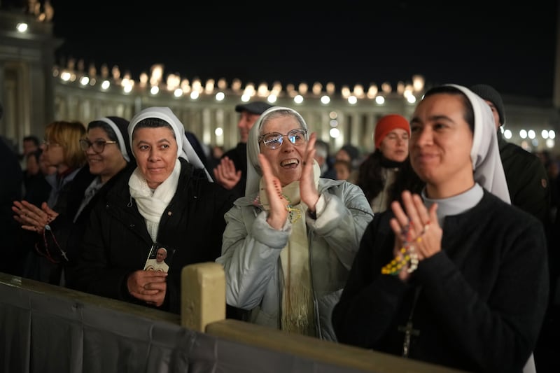 Nuns react to hearing pope Francis's voice address as worshippers gather for the start of the evening Rosary prayer in St Peter's Square on March 6th, 2025 in Vatican City, Italy. 
 Photograph: Getty Images