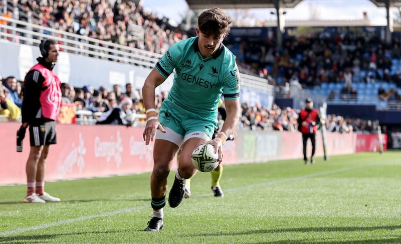 Connacht's Chay Mullins scores a try during the Challenge Cup game against Perpignan at Stade Aimé Giral. Photograph: Dan Sheridan/Inpho