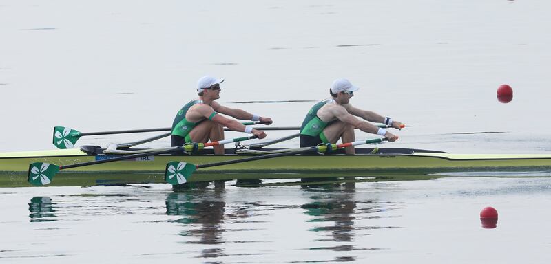 Paul O’Donovan and Fintan McCarthy on their way to winning
the lightweight double sculls final A in Paris. Photograph: James Crombie/Inpho